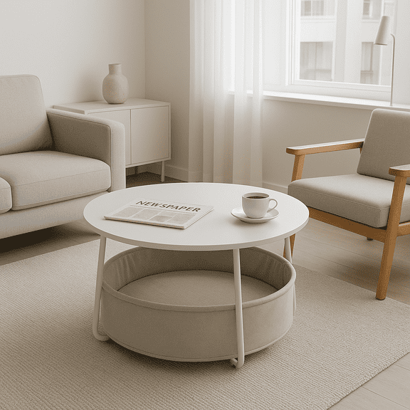 Homy Casa Coffee Table with Fabric Storage Basket, Round Table for Living Room Corner, White