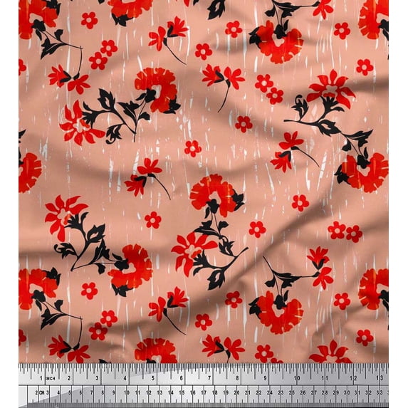 Soimoi Japan Crepe Satin Fabric Leaves & Floral Artistic Print Fabric by Yard 42 Inch Wide