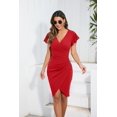 thumbnail image 4 of Owin Women's Summer Sexy V Neck Ruffle Sleeve Faux Wrap Ruched Sheath Bodycon Cocktail Party Work Dress, 4 of 4