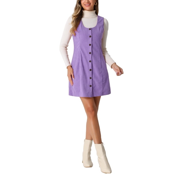 INSPIRE CHIC Women's Suspender Dress Scoop Neck Pinafore Overall Corduroy Casual Dress M Light Purple