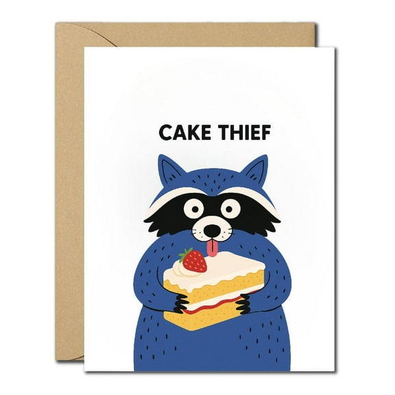 Funny Cake Thief Birthday Card - Cute Raccoon Humor Card, Quirky Animal-Themed Birthday Greeting for Friends, Adults, Kids, Coworkers, Blank Inside, Cute Pun Joke Card