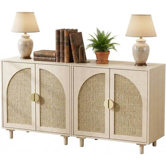Set of 2 Rattan Sideboard Buffet Cabinet with Storage, Wood Storage Cabinet with Doors and Shelves, Boho Cabinet for Living Room, Kitchen, Entryway (Beige)