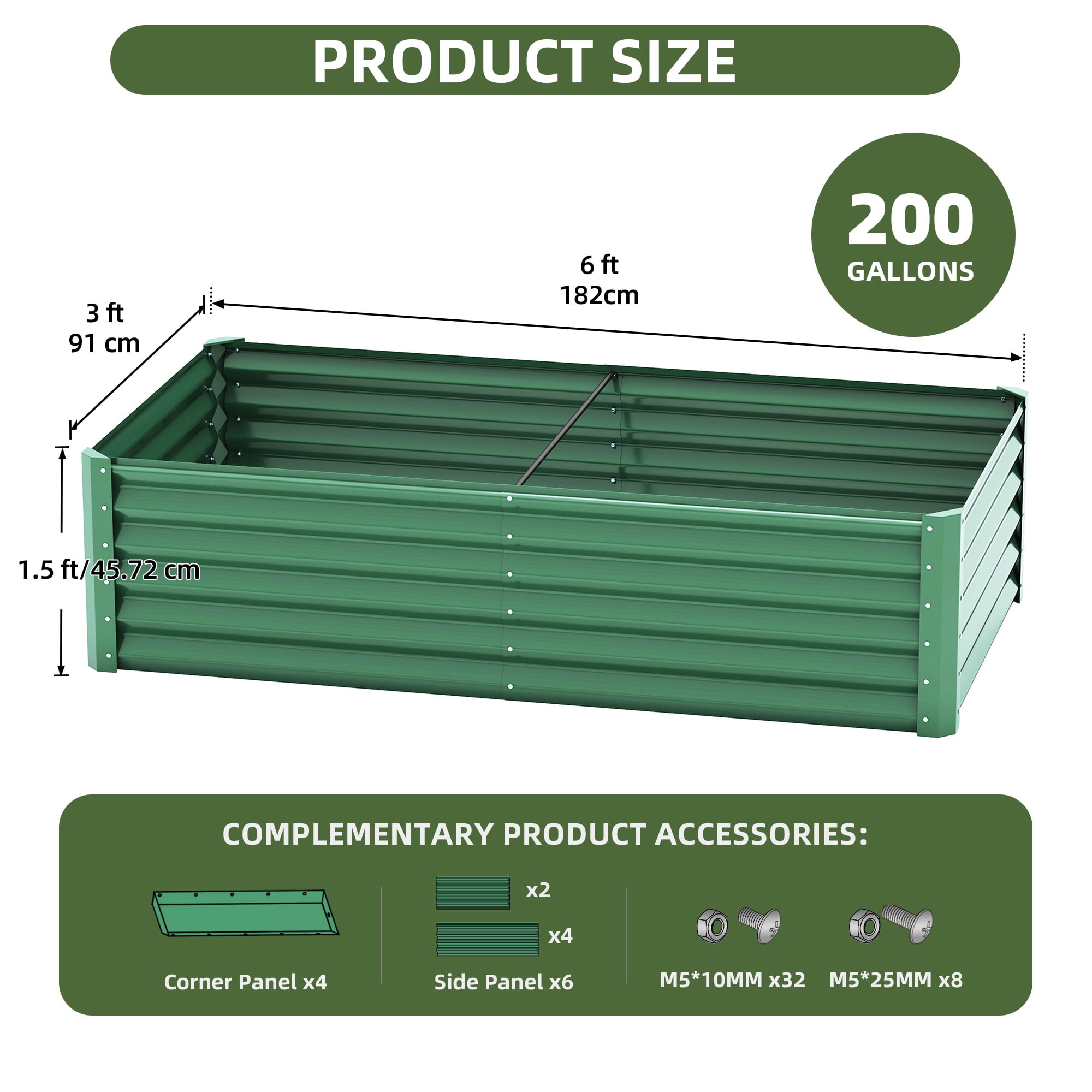 Uforic 6x3x1.5ft Galvanized Metal Raised Garden Bed Kit, Outdoor Planter Box with Gloves & Support Rod for Vegetables Flowers, Green
