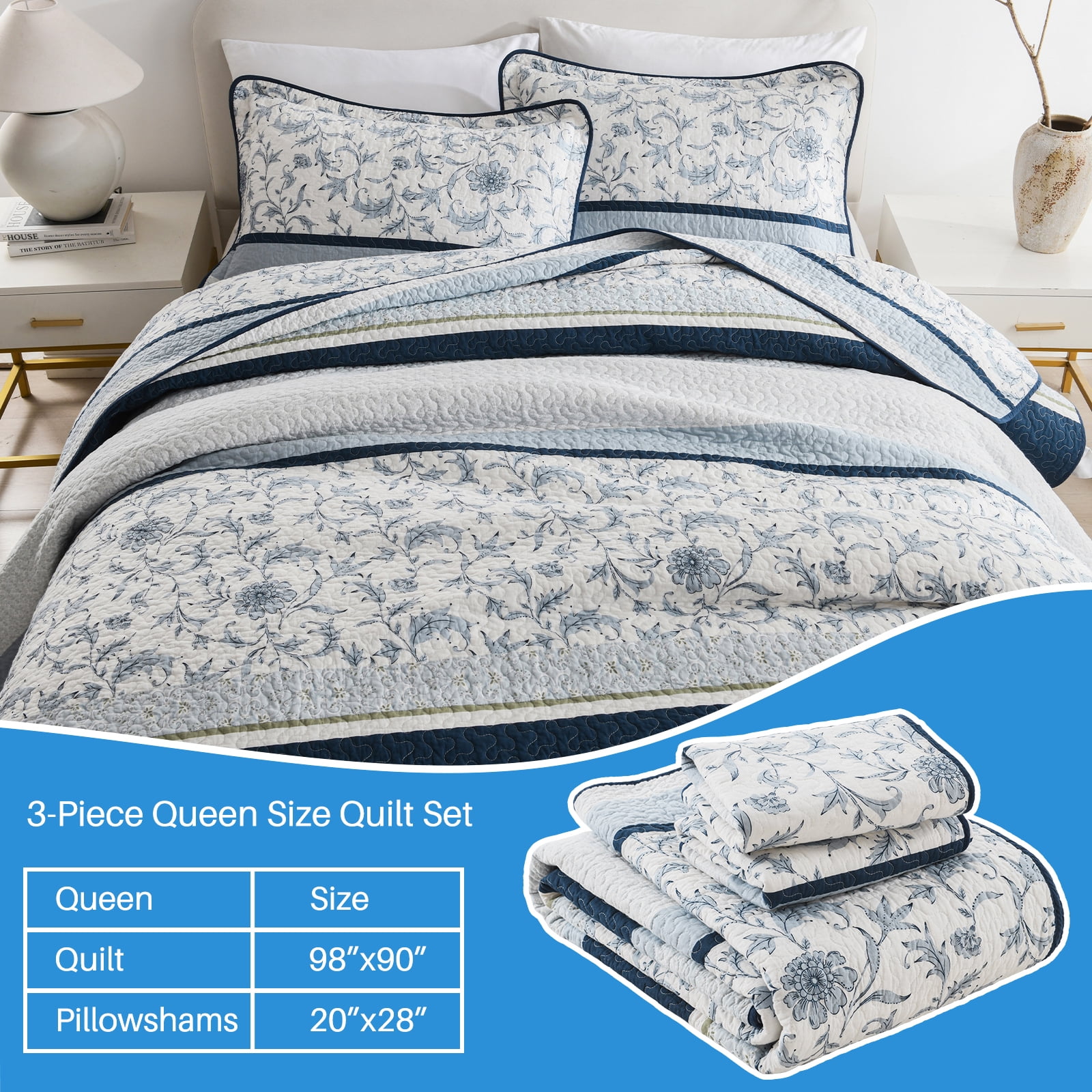 Bedduvit Floral Blue Queen Quilt - 100% Cotton Striped Patchwork Reversible Navy/Blue Queen Size Quilt, Lightweight Summer Botanical Flower Print Bedspread, Vintage Bedding Set for Queen Bed, 98x90