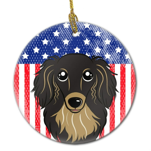 Bandera americana de Caroline's Treasures y adorno de cerámica de perro salchicha de pelo largo negro y tostado, multicolor Caroline's Treasures BB2143CO1