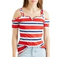 thumbnail image 3 of Yigetop off Shoulder Tops for Women! Fashion Vacation and Casual Contrasting Color Striped Printed Suspender off Shoulder Short Sleeved T Shirt Summer Tops Red 2XL, 3 of 5