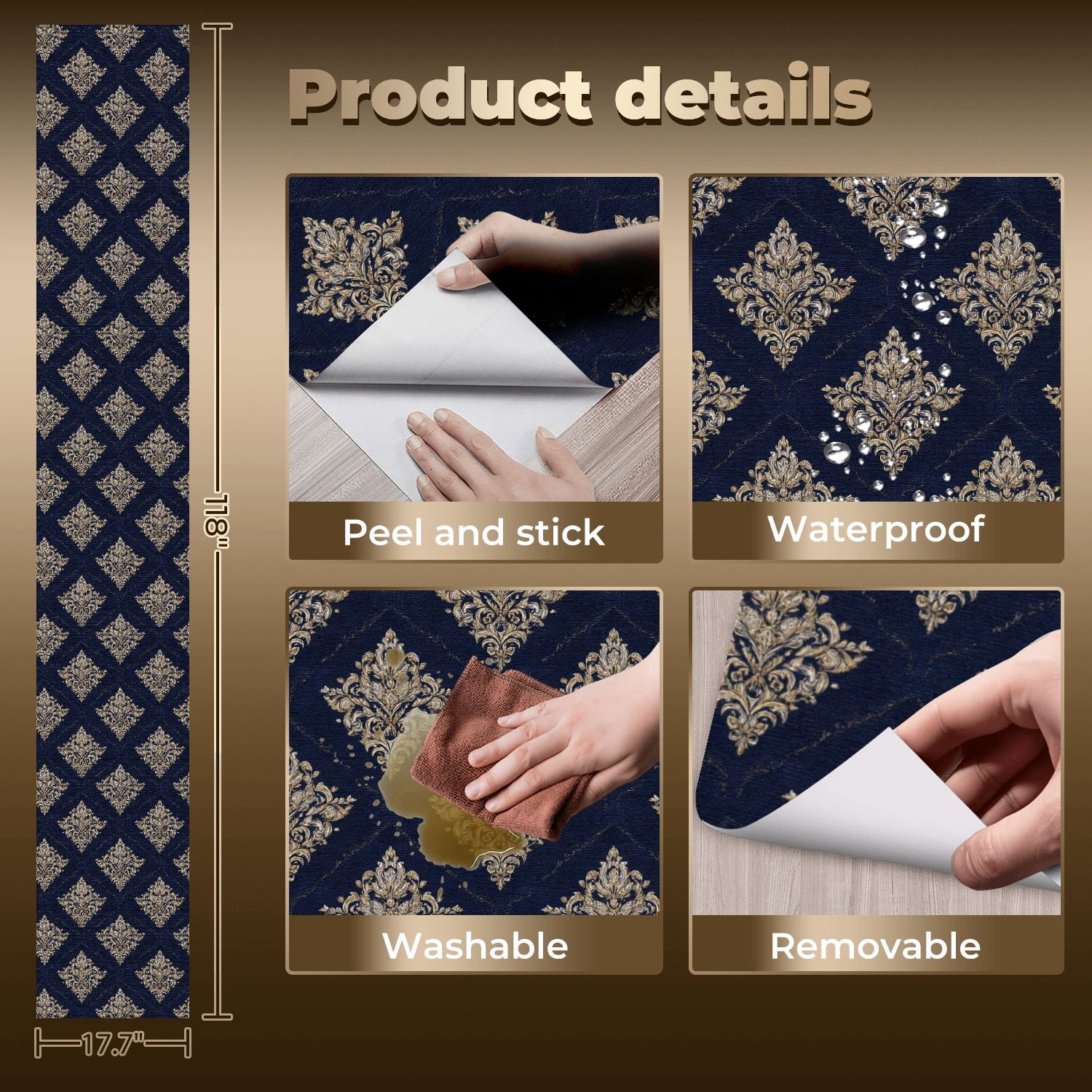 Baroque Peel and Stick Wallpaper Vintage Luxury Damask Ornate Gold Floral Navy Wall Mural 17.7in x 9.8ft Self Adhesive Removable Wall Paper Renter Friendly Wallpaper for Bedroom Livingroom Men