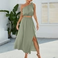 thumbnail image 3 of Drindf Dresses for Women Casual 2 Piece Solid Maxi Dress Summer One Shoulder Crop Top High Waisted Maxi Dress Trendy Split Skirt Set Boho Dress, 3 of 7