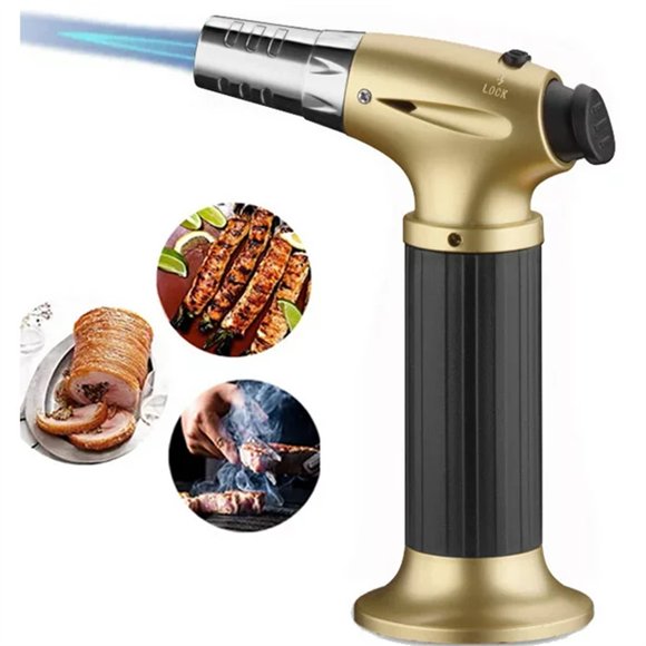 Torche au Butane, Briquet Torche de Cuisine Rechargeable, Torche Soufflante avec Verrou de Sécurité et Flamme Réglable pour Desserts, Crème Brûlée et Cuisson - Gaz Butane Non Inclus