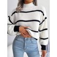 thumbnail image 5 of Striped Mock Neck Knit Sweater – Full Size Ribbed Cozy Acrylic Knit, 5 of 11