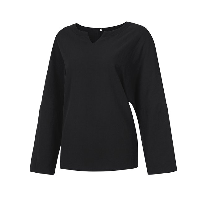 Mode Femme Ample Manches Longues Col en V T-Shirt Blouse Décontractée Unie