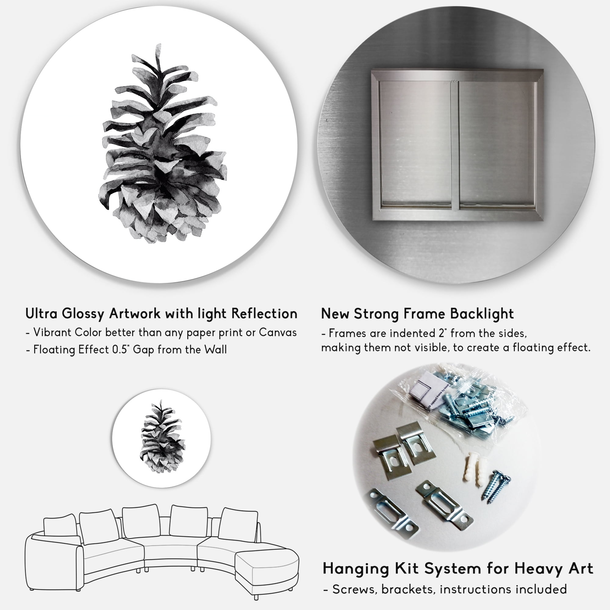 Designart 'Conifer Cone Black and White' Traditional Circle Metal Wall Art 11x11 - Disc of 11