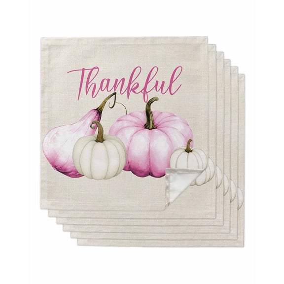 Pink White Pumpkin Cloth Napkins Set of 6 Reusable Dinner Napkins, Fall Thanksgiving Retro Light Beige Cocktail Napkin Washable Table Napkins for Wedding/Holiday Party/Baby Shower 20"x20"