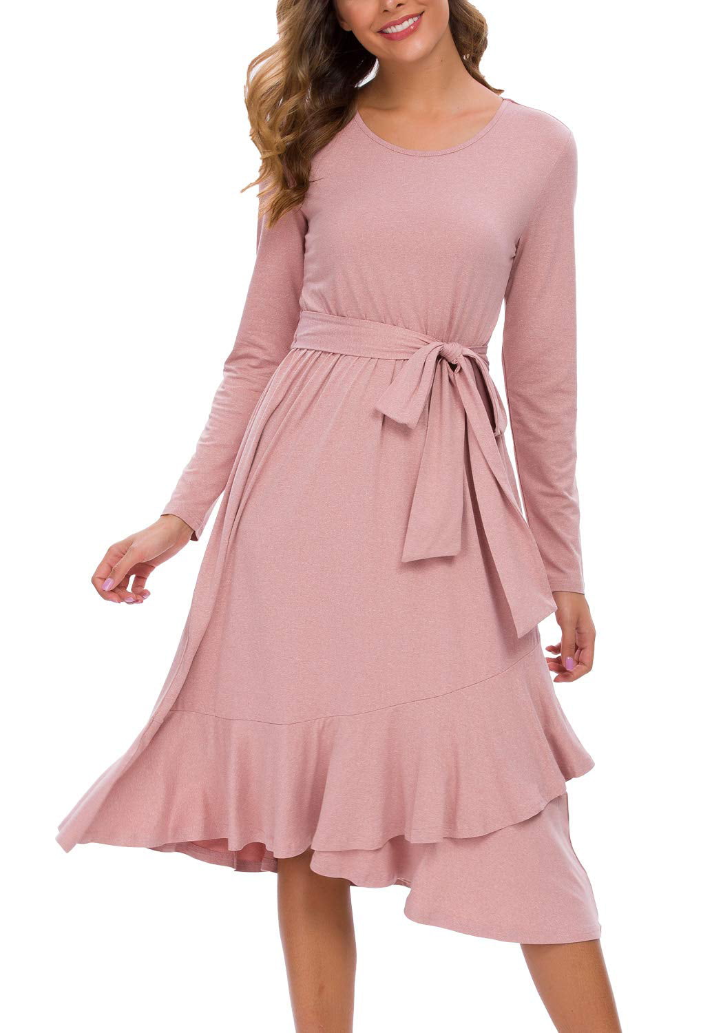 LEVACA Womens Plain Long Sleeve Flowy Modest midi dress work Casual Long  Sleeve Midi Dress with Belt - Walmart.com