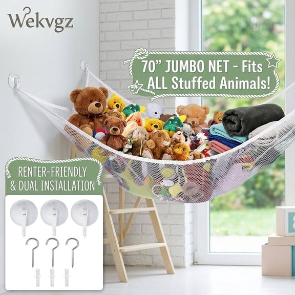 Stuffed Animal Hammock, 70" Jumbo Toy Hammock with Drill-Free Hooks, White Mesh Corner Squishmallow Net Storage Organizer