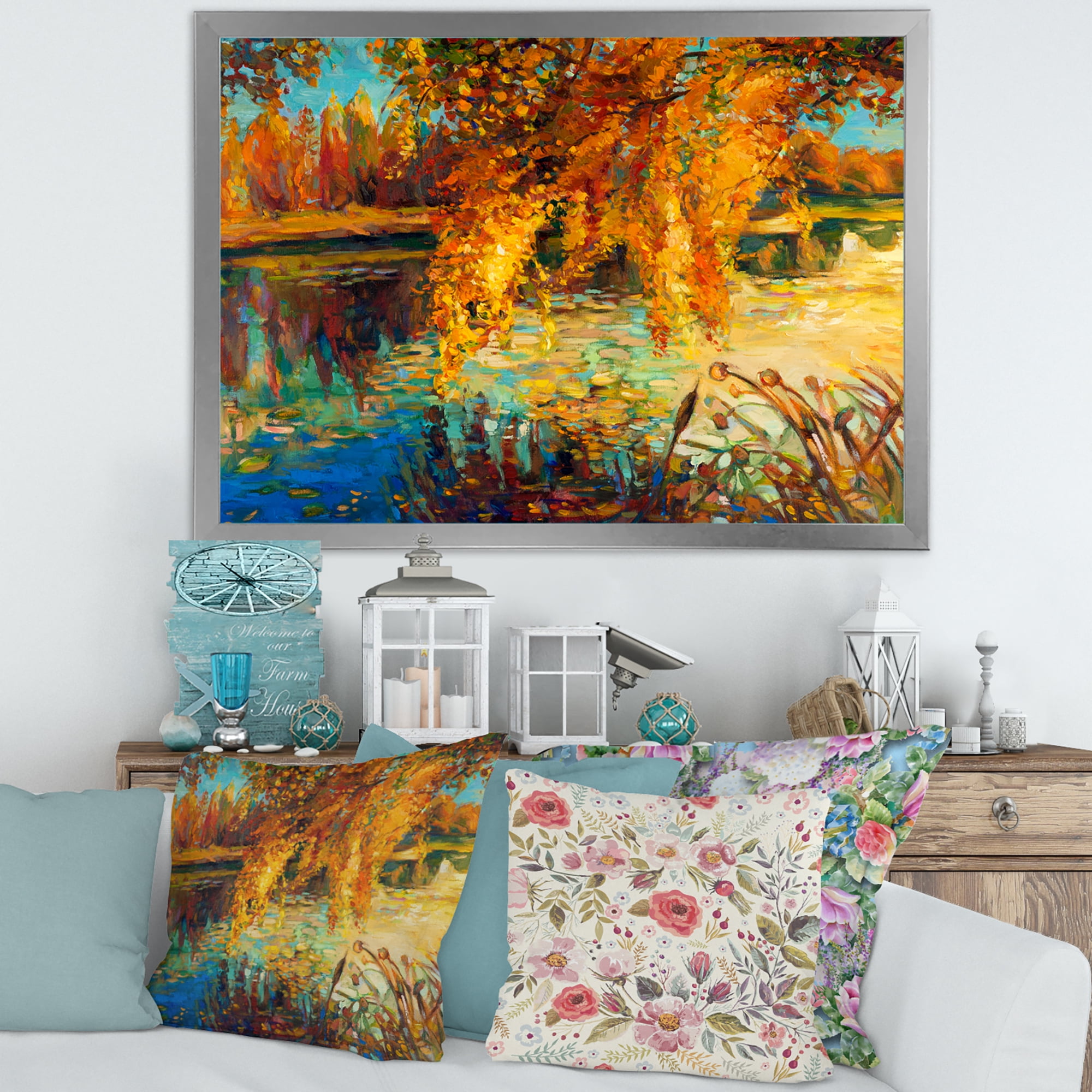 Designart 'Orange Autumn Forest Reflects On River' Lake House Framed Art Print