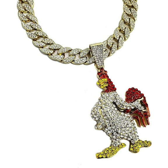 Hip Hop Gold Plated Large Iced Bling Chicken Cubic Zirconia Pendant & 15mm 30" Iced Miami Cuban Chain Jewelry Necklace
