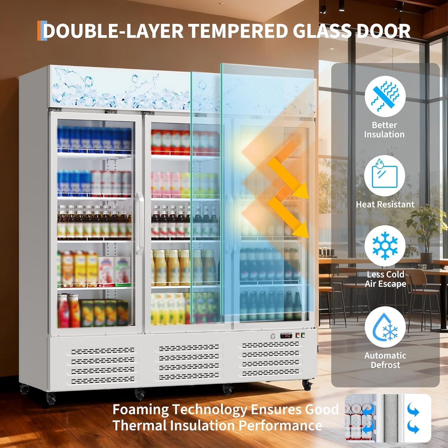 IdealHouse Commercial Refrigerator, Three Glass Door Display Beverage Fridge, 39 Cu ft Upright Beverage Cooler Merchandiser with Soft LED Light, Adjustable Shelves and Swivel Castors, Fast Cooling