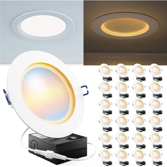 Sunco 24 Pack 6 Inch Ultra Thin LED Recessed Ceiling Lights Slim, Night Light, Baffle Trim, 2700K/3000K/4000K/5000K/6000K Selectable, Dimmable, 14W, Canless Wafer with Junction Box - ETL