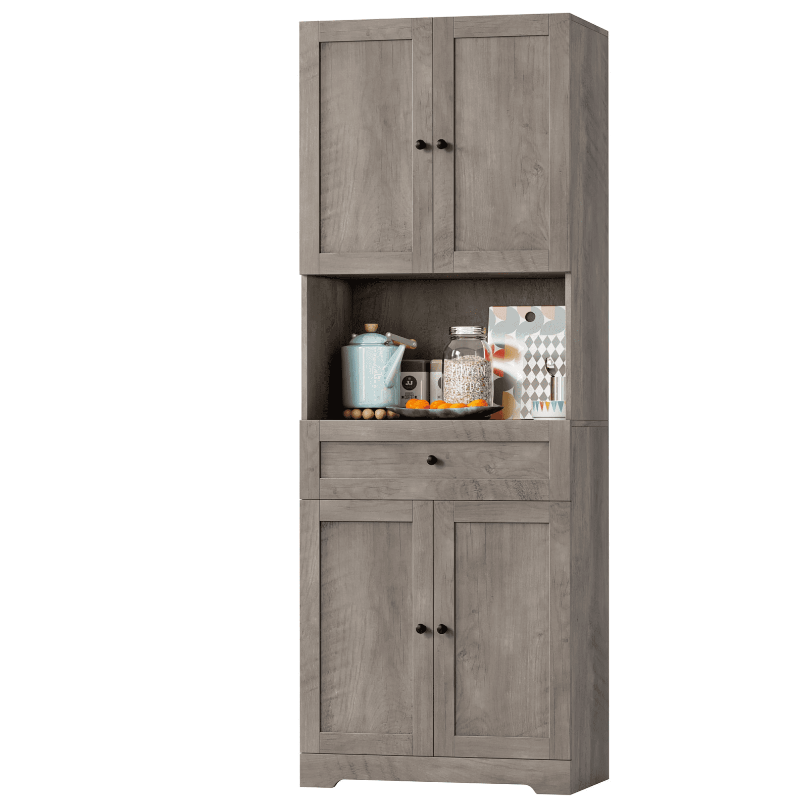 Homfa 67.5'' Tall Kitchen Pantry with Microwave Shelf, Large Storage Drawer Wood Pantry Storage Cabinet for Dining Room Living Room, Gray