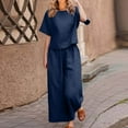 thumbnail image 2 of Pimfylm Linen Sets for Women 2 Piece Women's Boat Neck 1/2 Sleeve Shirts Wide Leg Breathable Cotton Pants Suits with Pockets Dark Blue, L, 2 of 6