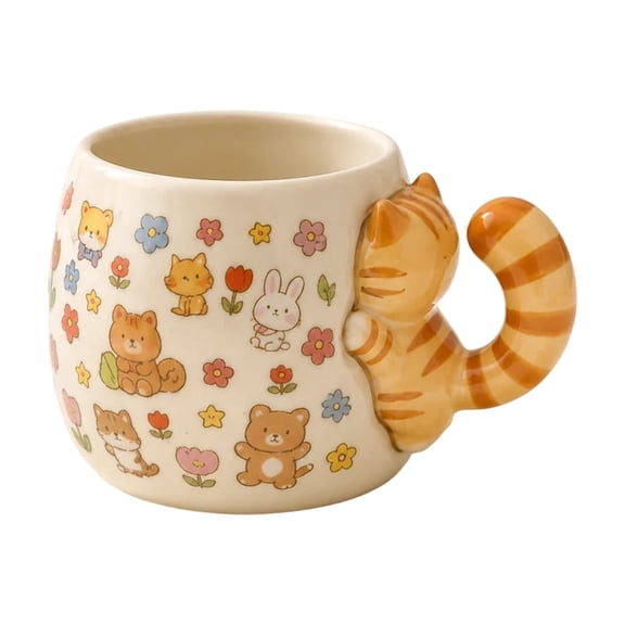 Cute Ceramic Cat Mug With 3D Kitten Handle Novelty Coffee Cup For Tea And Hot Cocoa Kawaii Animal Print Mug For Gift And Home DecorBeige-8Cm