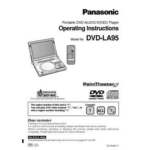 Instruction Manual ONLY for Panasonic DVD-LA95 DVD Player Owners Instruction Manual REPRINT