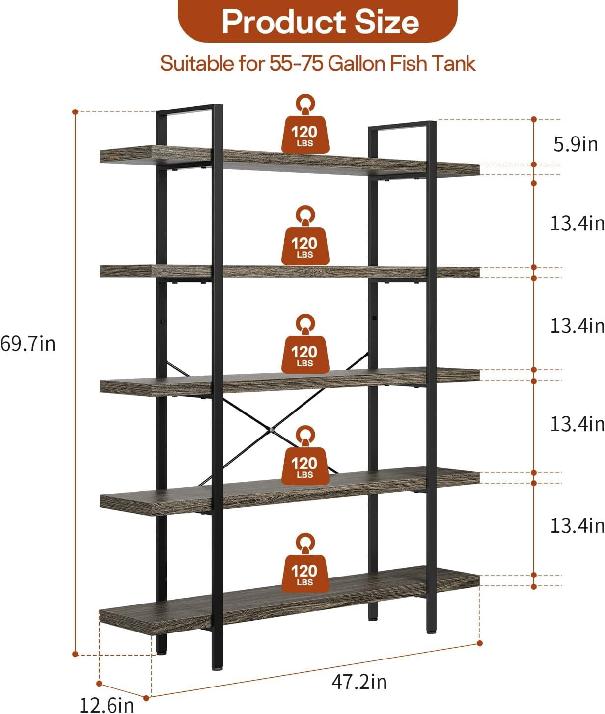 5-Tier Industrial Bookcase, 47 Inch Wide Wood Bookshelf, 120lbs Shelf Capacity, Rustic Open Shelving Heavy Duty Display with Reinforced Horizontal Grey Shelves for Living Room Bedroom Office