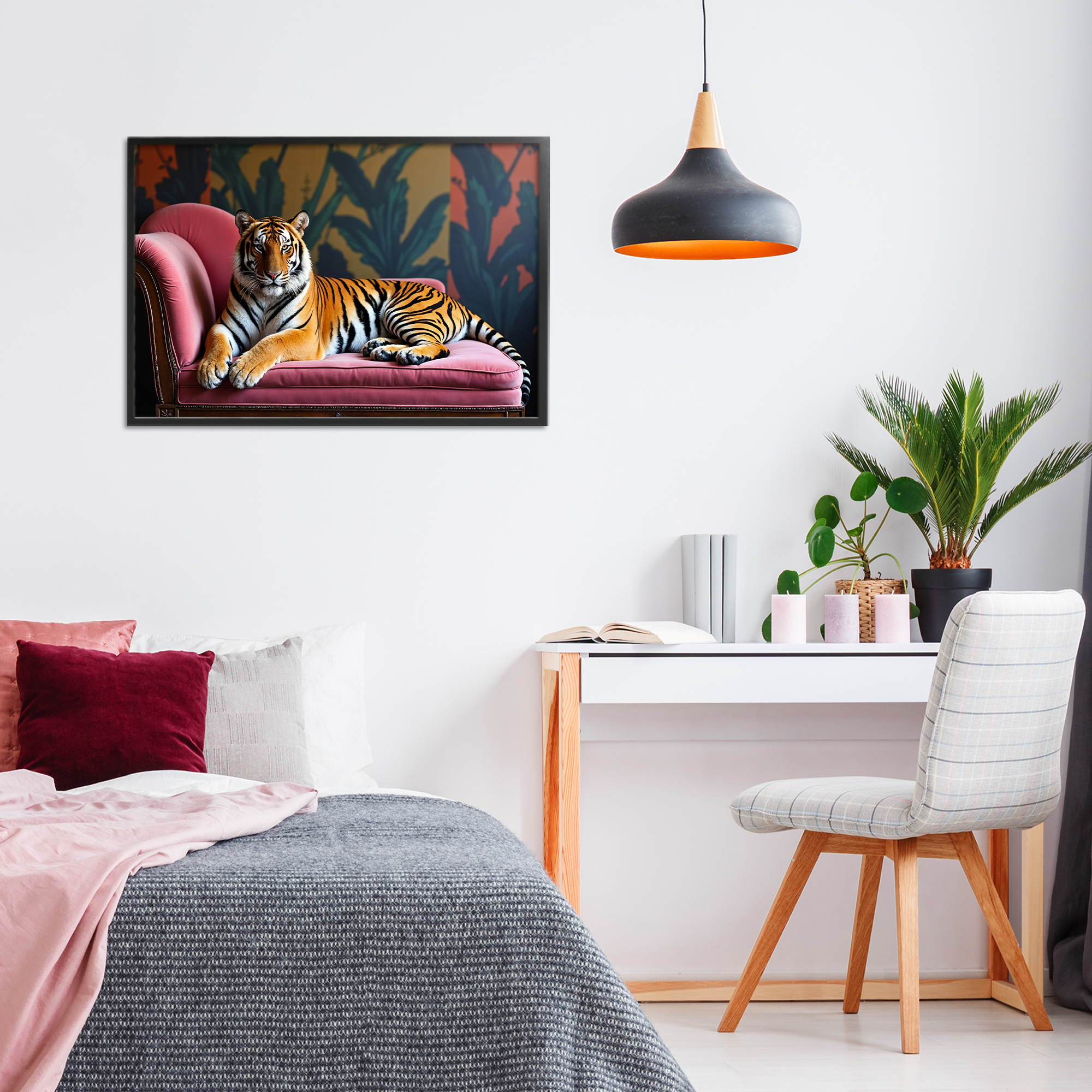 Exotic Tiger Lounging Black Framed Giclee Art, design by Lettered and Lined