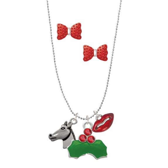 Delight Jewelry Silvertone Horse Head Christmas Kiss Charm Necklace and Stud Earrings