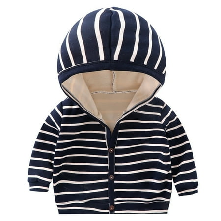 

BIZIZA Toddler Coat Hooded Striped Fleece Long Sleeve Tops Button Up Thicken 1-6Y Chlid Baby Black 90