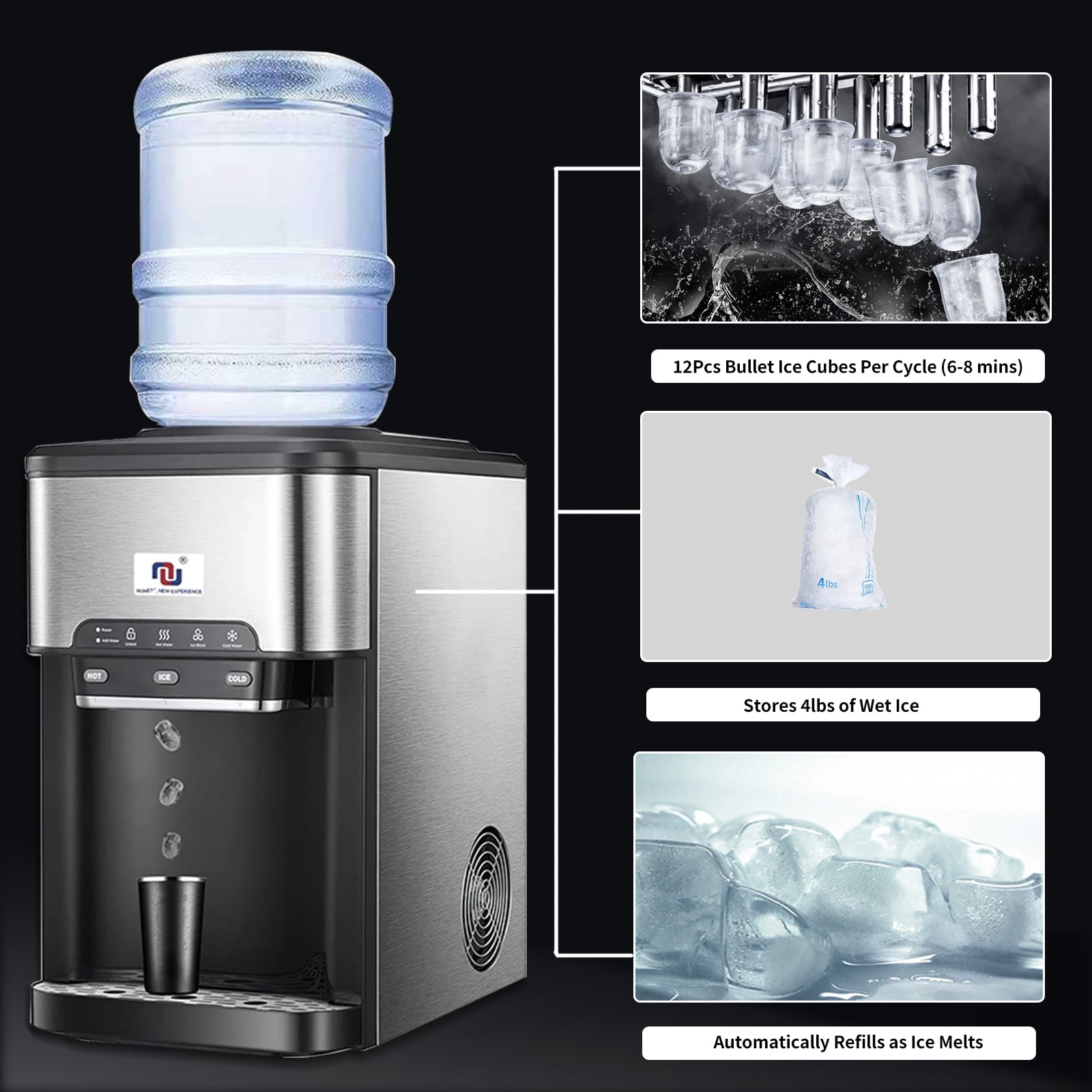 Portable Ice Maker Water Cooler Dispenser 3-in-1, Countertop Model with Built-in Ice Maker, Includes 10 Ft Water Inlet Hose, Produces 44 lbs of Ice Daily, 4lb Ice Storage (ice Maker+Hose)