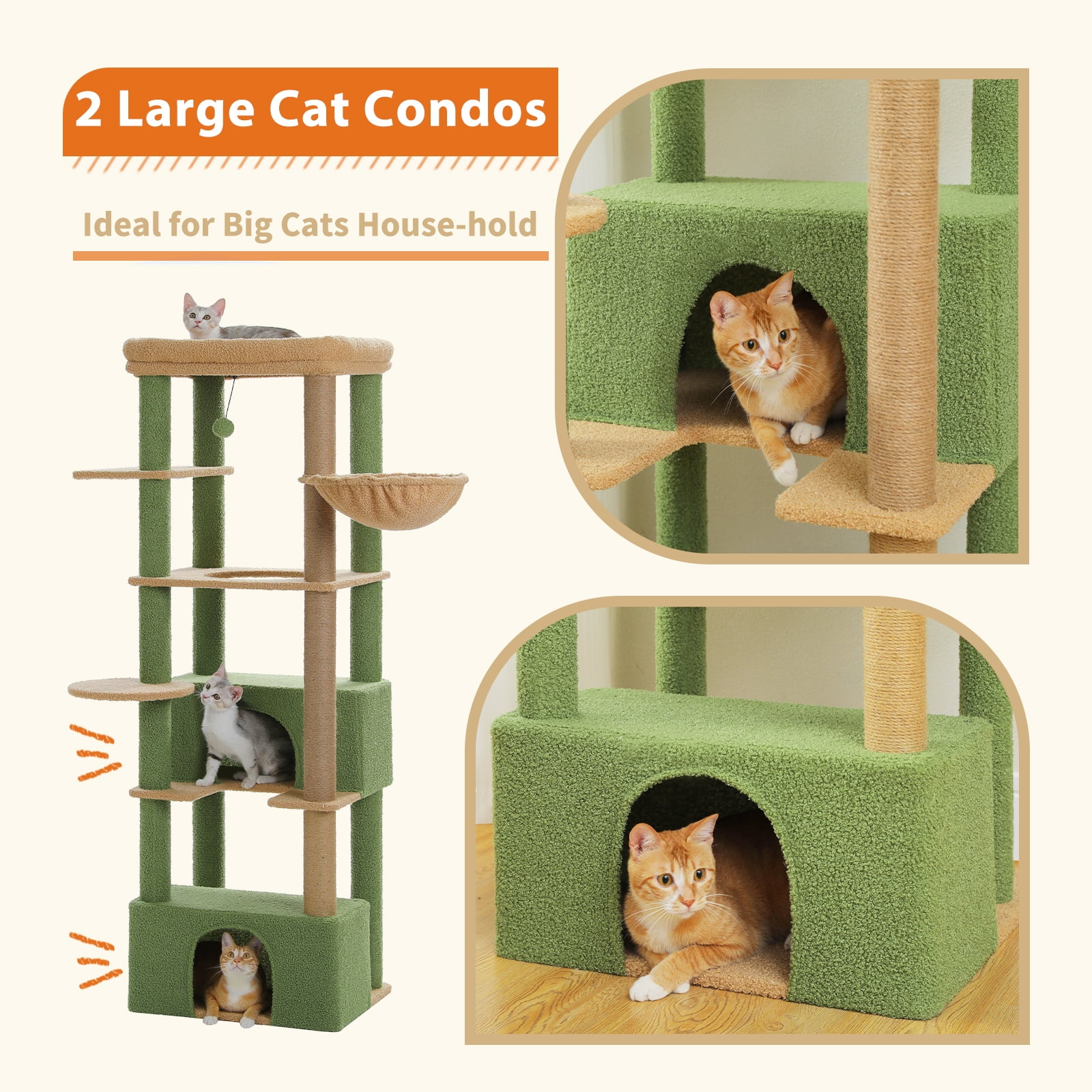 Pefilos 68" Tall Cat Tree Tower for Indoor Big Cats with Extra-Big Top Perch [21'' x 17''], 2 Large Condos, Scratching Post and Cozy Hammock, Green