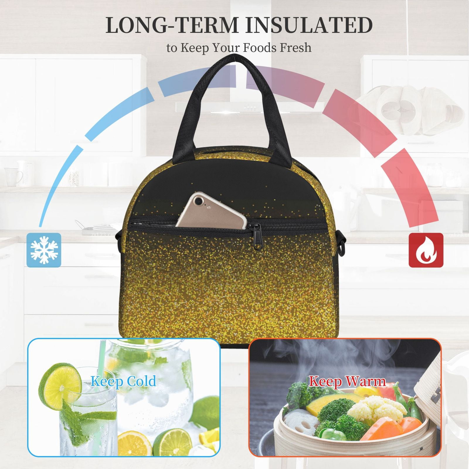 Naloa Gold Glitter Gradient Print Lunch Bag for Women & Men Insulated Lunch Box or Cooler Lunch Tote Bags for Work, Travel, Outdoor