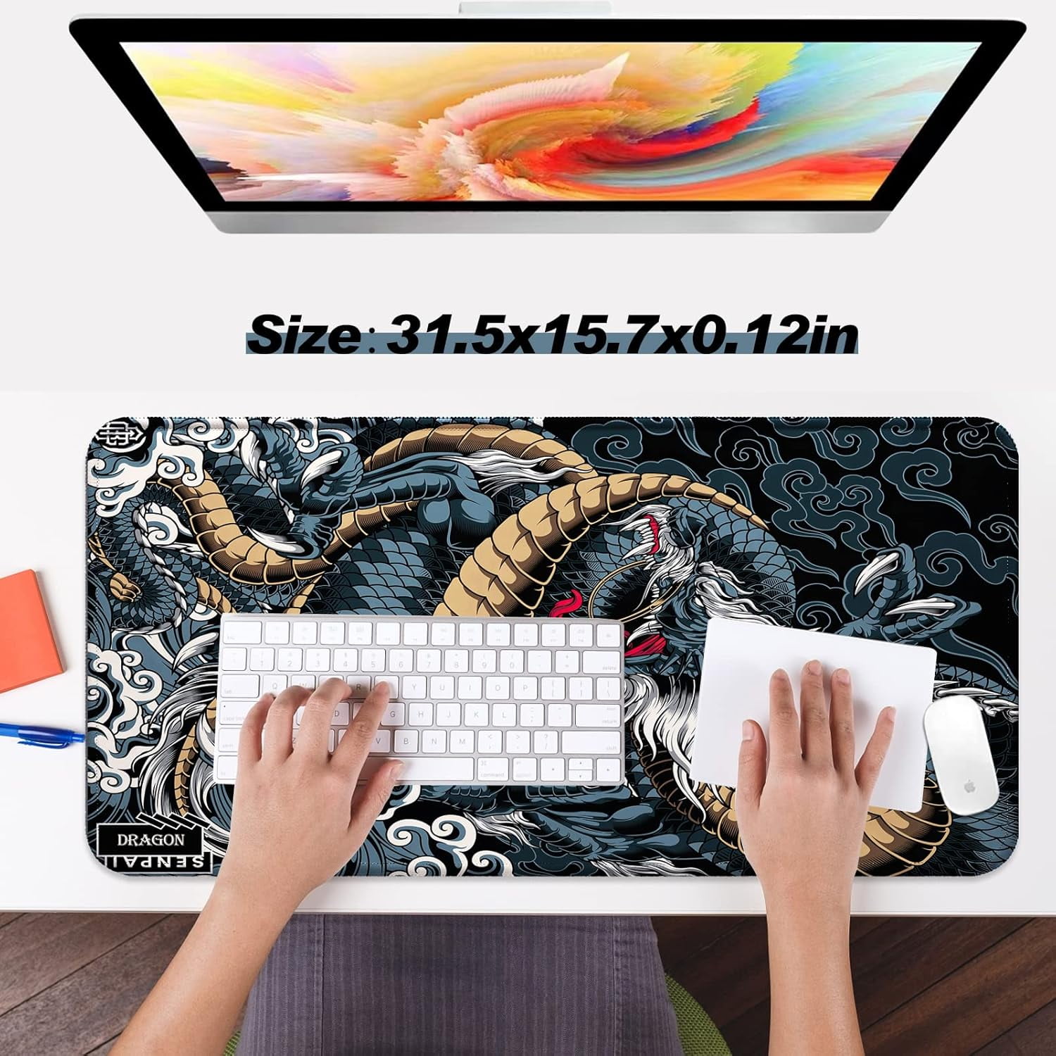 Dragon Mouse Pad, Gaming Office Home Mousepad, Computer Keyboard Laptop Desk Mat for Man, Large Extended Non-Slip Rubber Base, with Stitched Edges, 31.5x15.7x0.12 in, Dark Blue