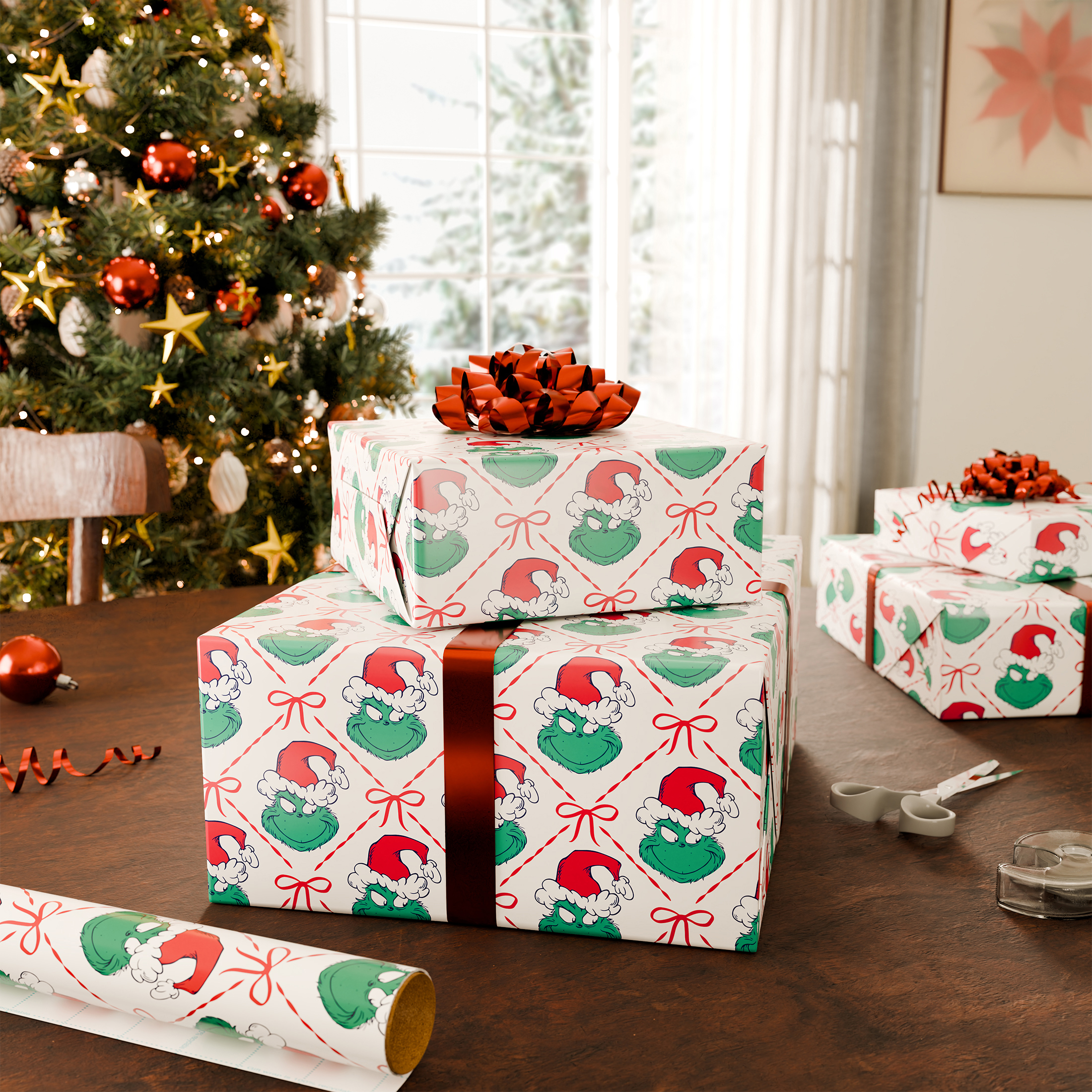 Plus Mark 40 in. Grinch and Bow White Christmas Wrapping Paper with Cutlines (60 Sq. ft., 1-Roll)