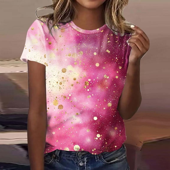 AUNVITO Women's Carnival Print T-shirt Loose Fit Round Neck Short Sleeve Casual and Festive Style