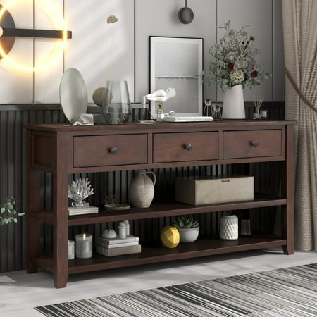 CoSoTower Retro Design Console Table With Two Open Shelves, Pine Solid Wood Frame And Legs For Living Room, Espresso