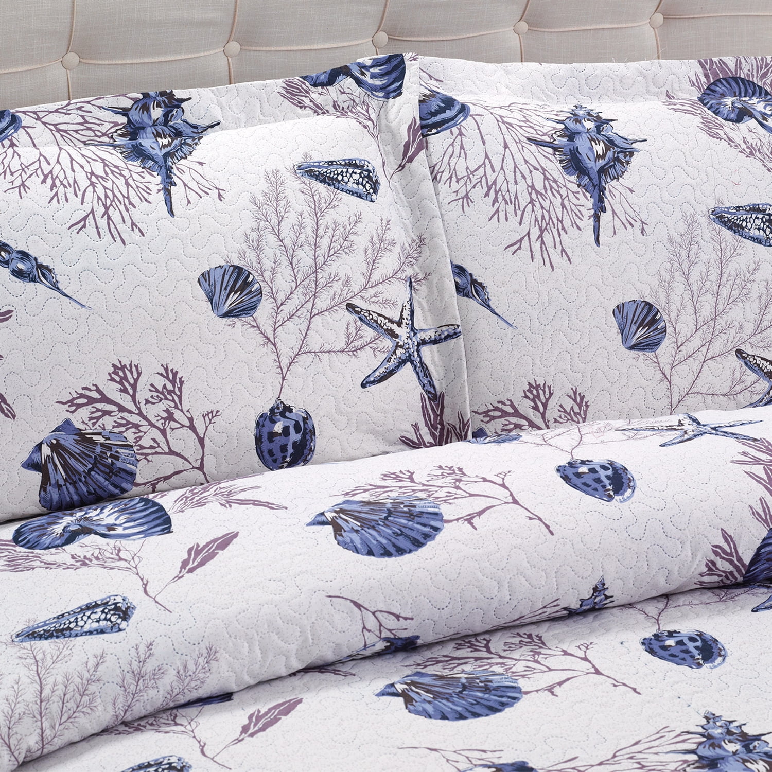Beartech Ocean Quilt Set King Size White Dark Purple Conch Quilt Lightweight Reversible Microfiber Bedspread Coverlet Cabin Bedding Set