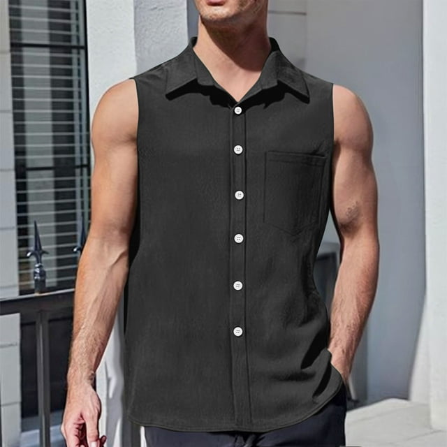 Tops for Men under $5 Sleeveless Lapel Solid Color Button Down Shirts Outdoor Running Breathable Summer Top Black S