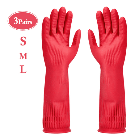 3 Pairs Cleaning Gloves for Household Reusable Waterproof and Durable Latex Rubber Kitchen Dishwashing Grip Gloves Red (Large Medium Small, (Best Kitchen Cutting Gloves)