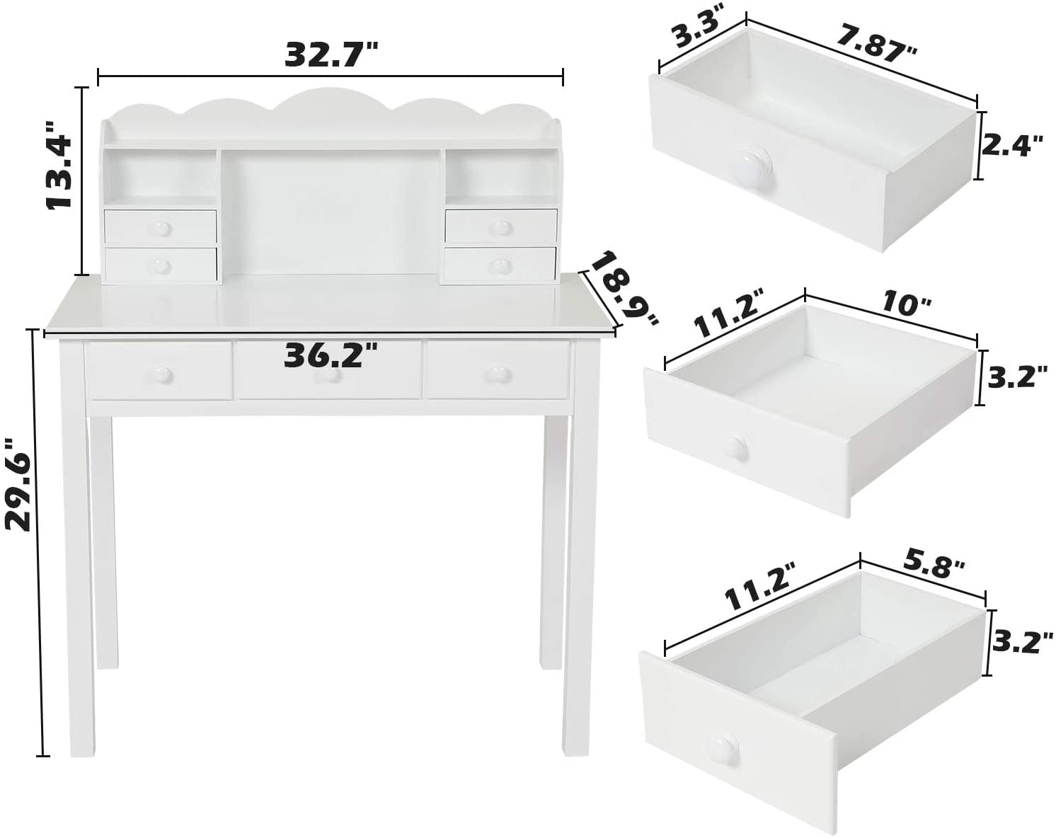 Writing Desk with 7 Drawers, Home Office Desk with Hutch,Student Desk Study Table,Solid Wood Legs,White
