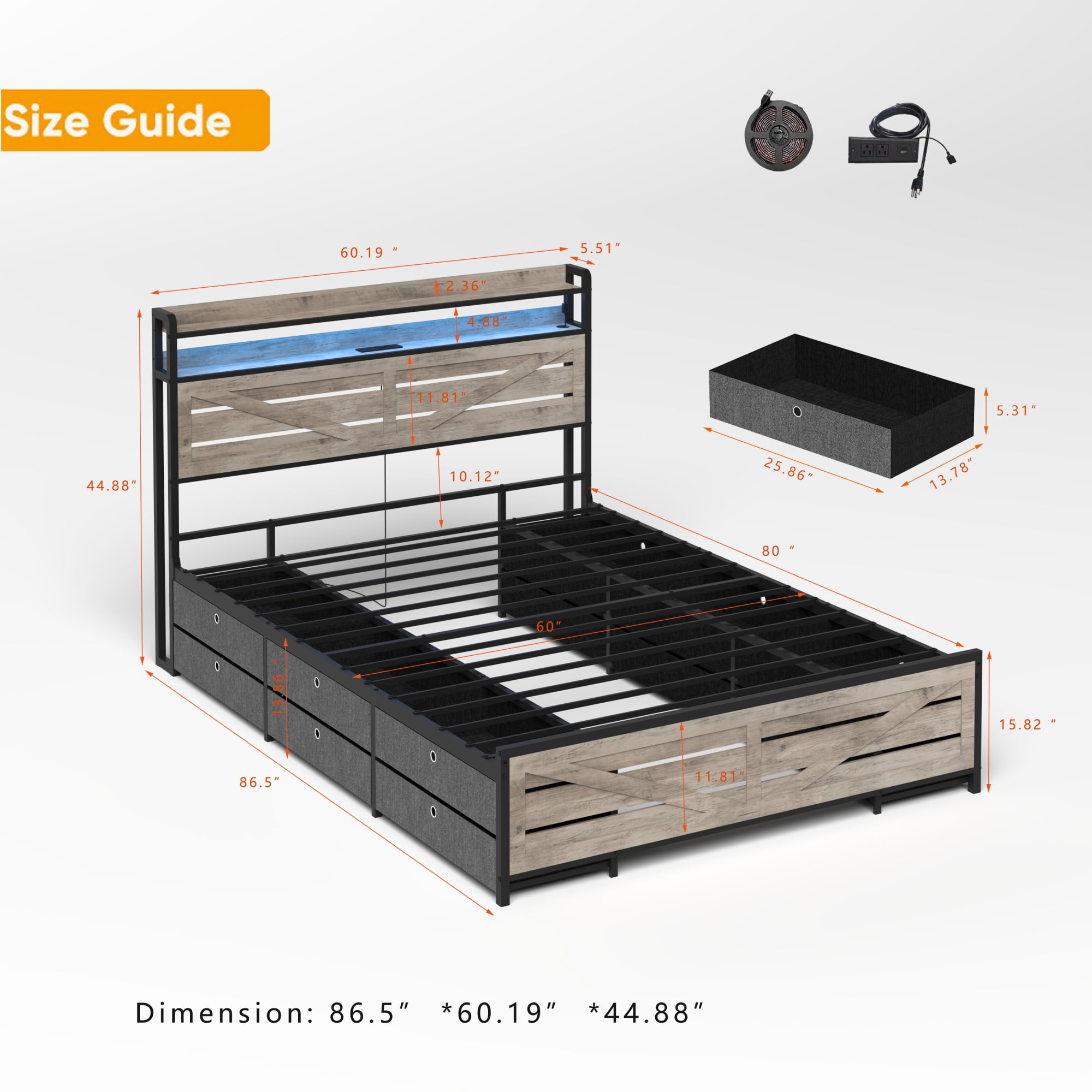 Leumius Queen Size Bed Frame with 12 Drawers and LED Lights,Metal Platform Bed with Stroage Shlef,Gray