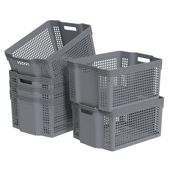 Parlynies 6 Packs Plastic Storage Baskets, Deep Stacking Baskets, Stackable Storage Basket Tray, Gray