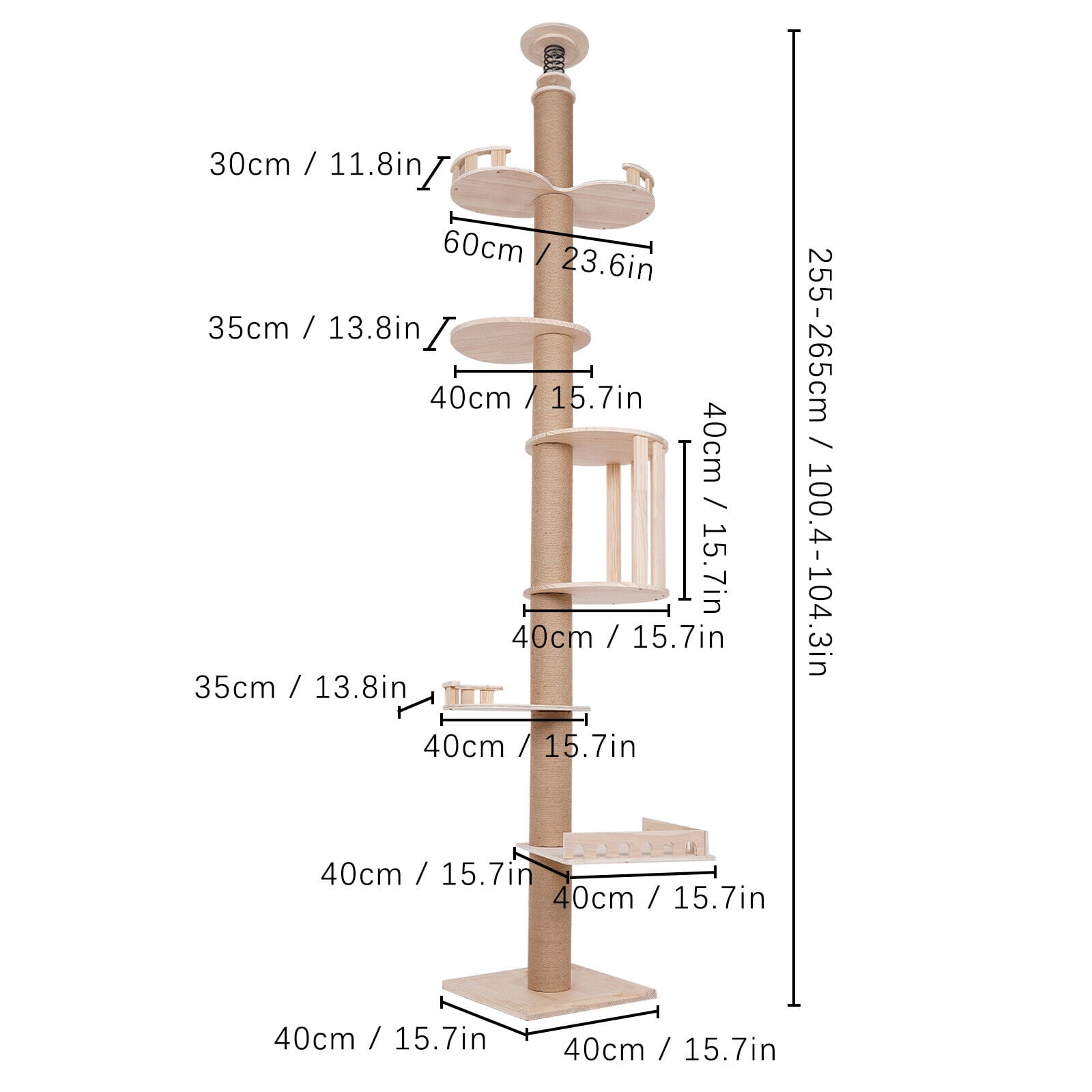 5 Tiers Wood Cat Tower Floor to Ceiling Cat Tree Tall Cat Scratching Post About 15-20kg/30.07-44.09lbs 100.4-104.3inch