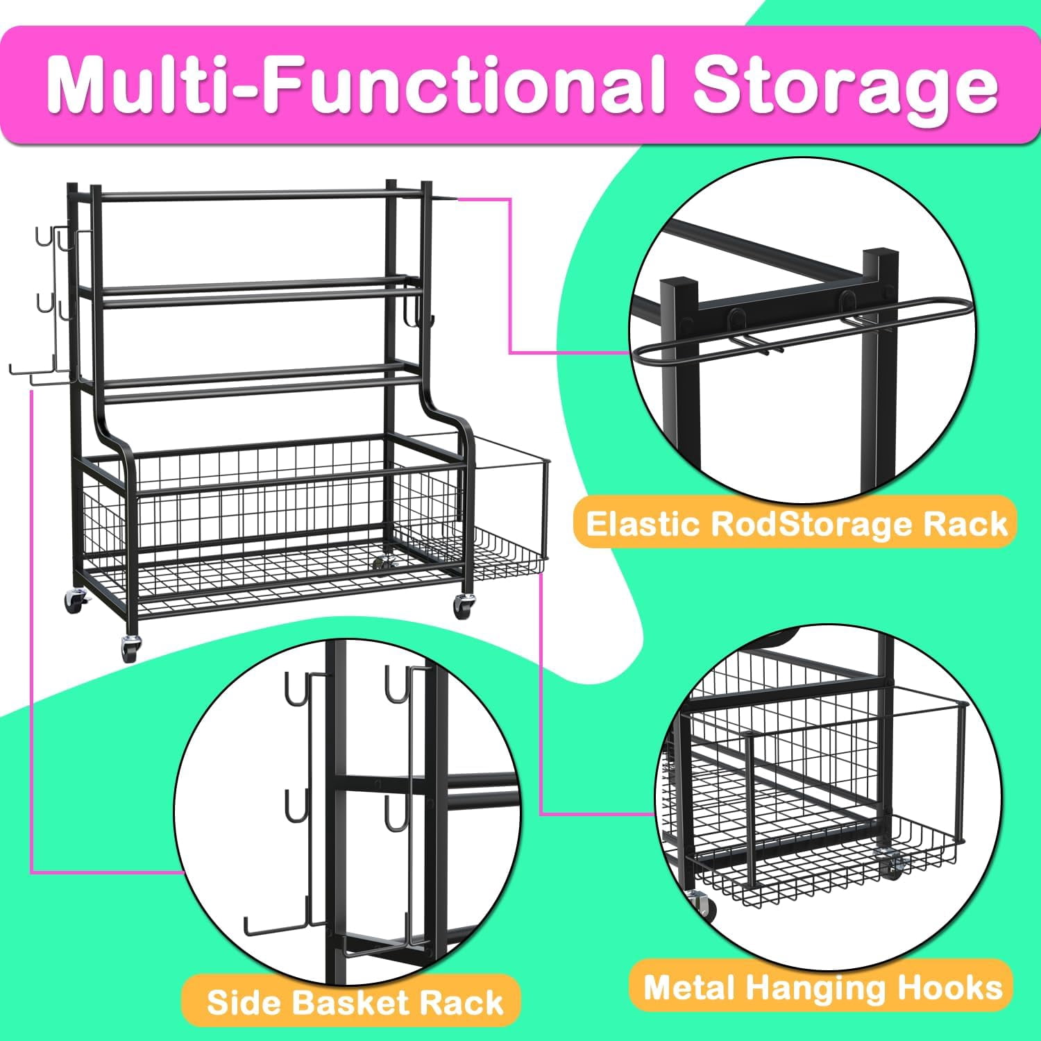 Ztysn Workout Yoga Fitness Equipment Rack for Home Gym,Weight Dumbbell Yoga Mat Foam Roller Storage Rack Organizer with Wheels and Hooks,Metal/Black