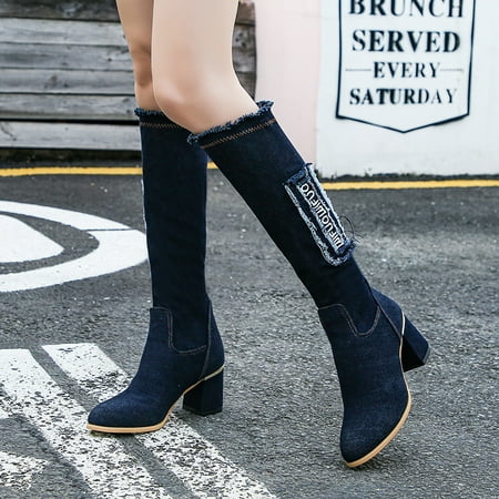 

Egmy Women S British Style Skinny Tall High-Heeled Fabric Stretch Casual Boots