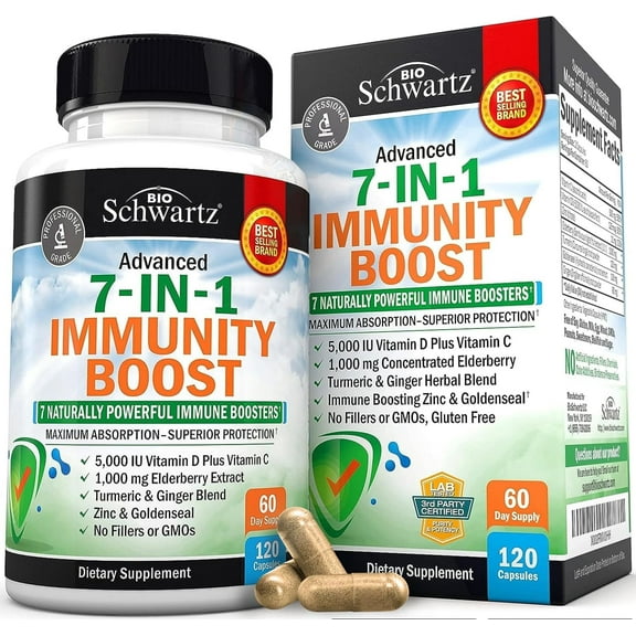 BioSchwartz 7-in-1 Immune Support Supplement with Zinc, Vitamin C, D & Elderberry, 120 Capsules