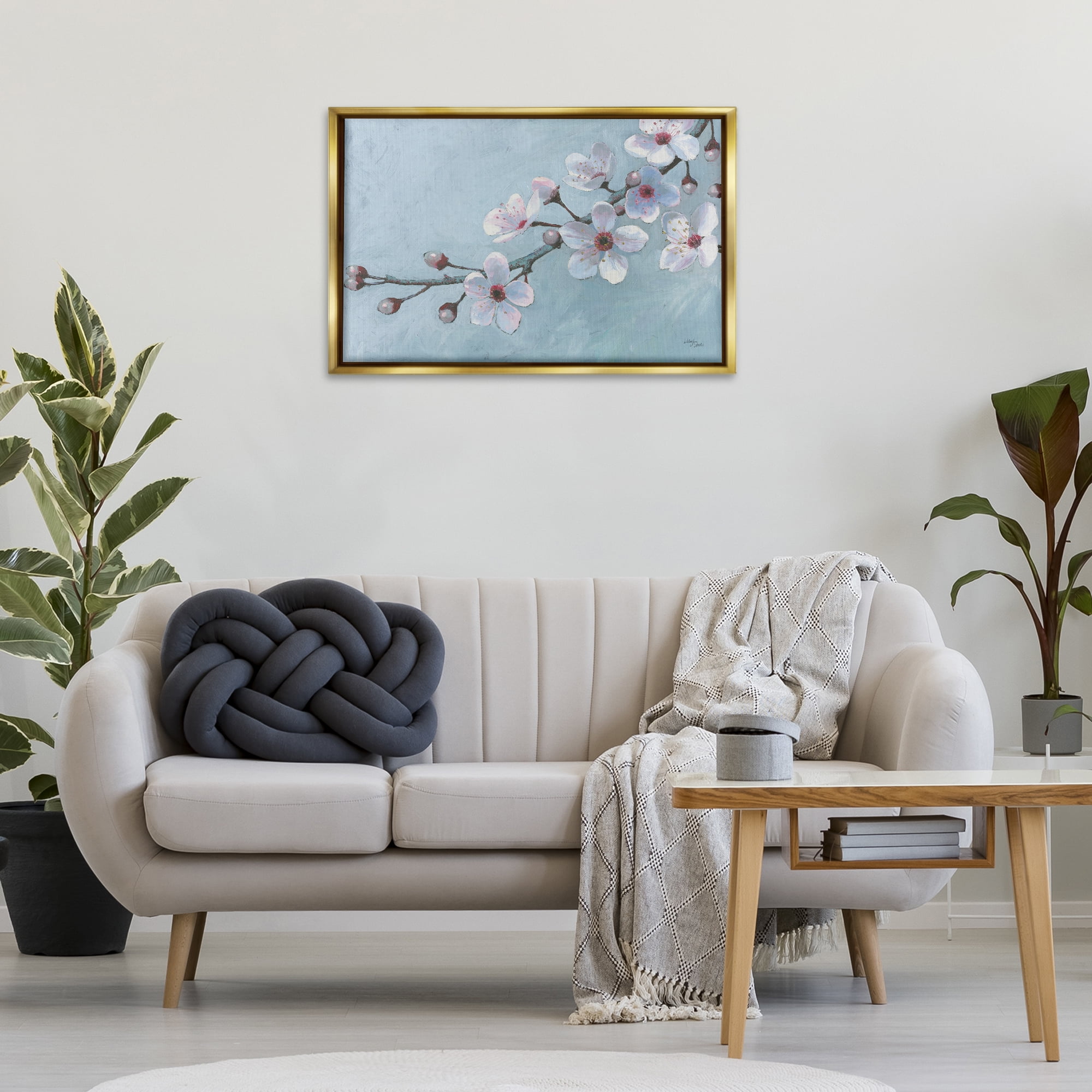 Stupell Industries Branch of Blossoms Botanical & Floral Painting Gold Floater Framed Art Print Wall Art, 31 x 21
