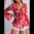 thumbnail image 4 of Camiseta de Larga con Estampado Floral y Lazo Frontal de para Mujer Rojo XL, 4 of 8